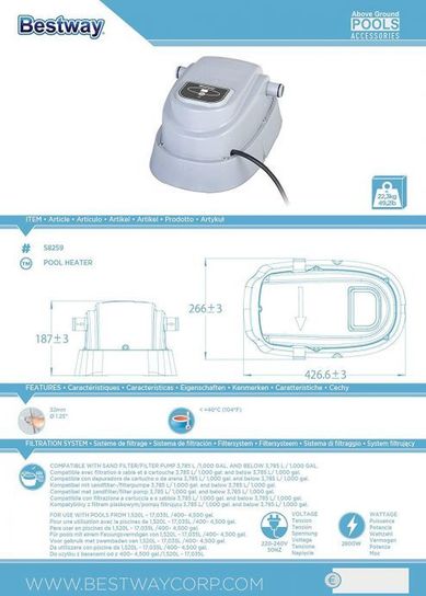 2.8kW Pool Heater For Above Ground Pools by Bestway