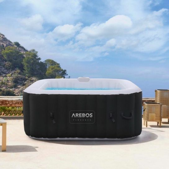Arebos Inflatable Hot Tub | Square Indoor and Outdoor Spa Pool for 4 | 100 Massage Jets | 600 L with Heating and LED Lights | Cover Included