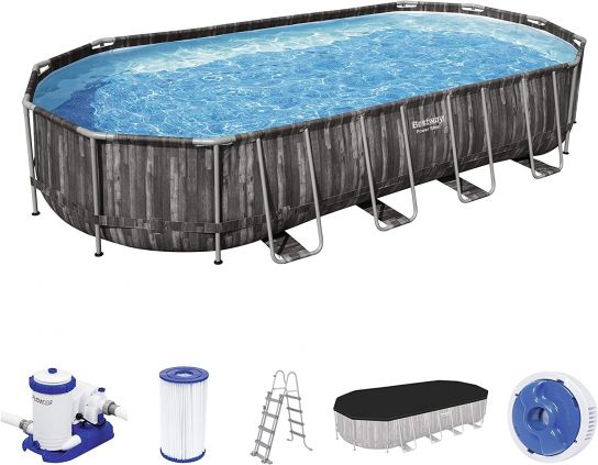 Bestway Power Steel Metal Frame Oval Rattan Grey Pool - 5611T - 24ft x 12ft x 48in