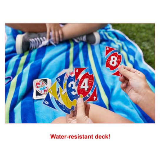 Mattel Games UNO H2O to GO, durable water-resistant card game for beach and snow trips, 108 cards, ages 7+, P1703